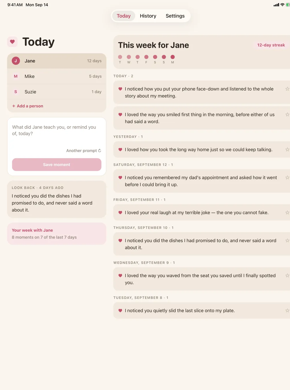 Grateful to You on iPad: a list of people with their streaks and the writing box on the left, and this week's moments for Jane on the right