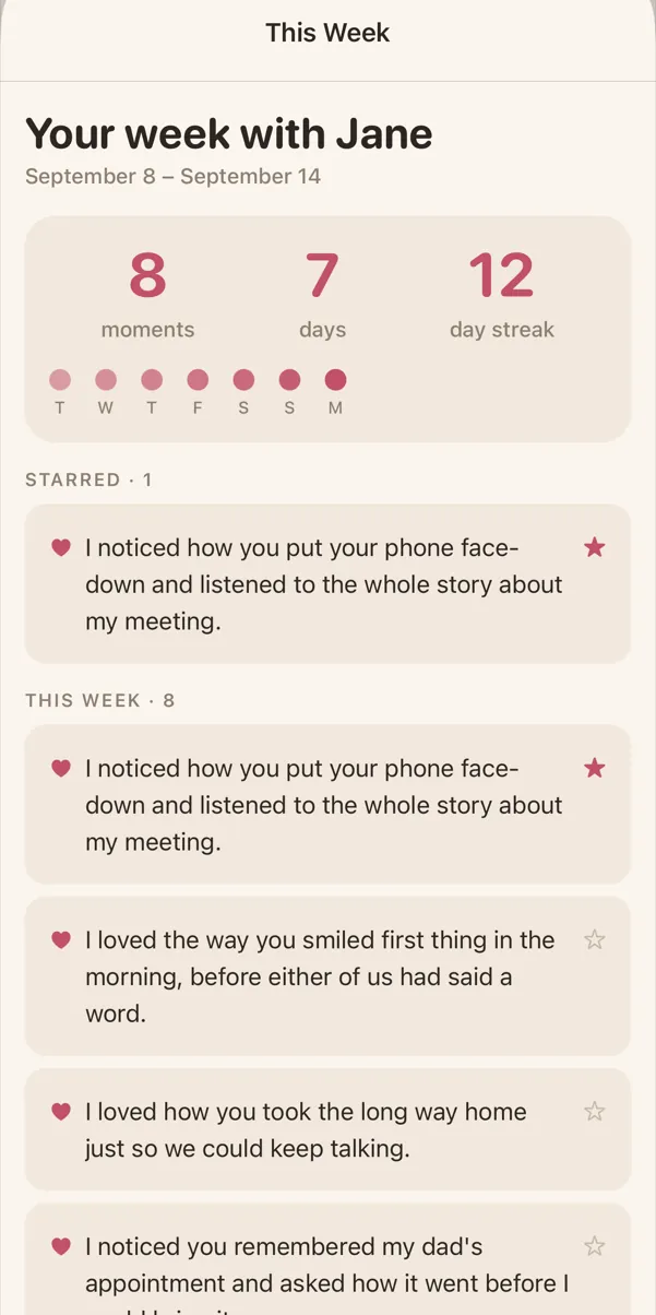 Your week with Jane on iPhone: 8 moments on 7 days, a 12-day streak, and a starred moment